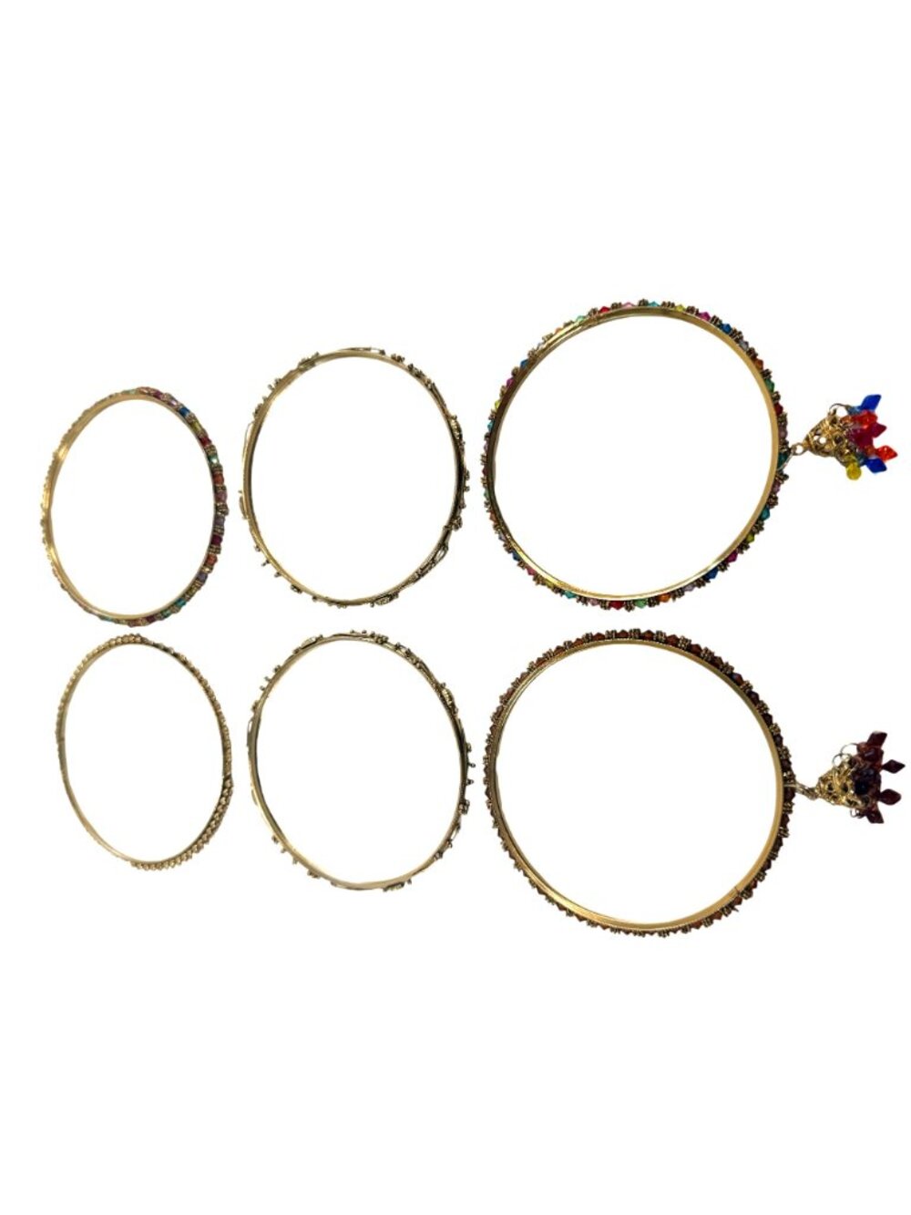 6 Indian Bollywood Gold Bangle Bracelets Multicolor Beads & Dangling Charms - Picture 4 of 15
